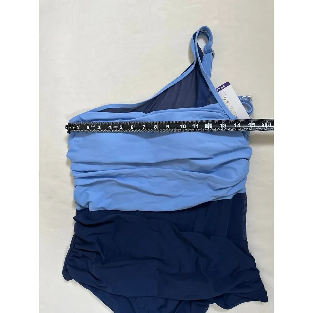 Anna Cole One Shoulder Colorblock Swimsuit Women’s XXL Blue Mesh Panel NWT